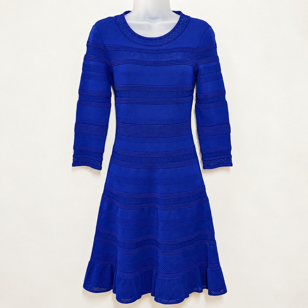 Eliza J Dress S Cobalt Blue Fit Flare Pointelle Knit 3/4 Sleeve Flounce Hem